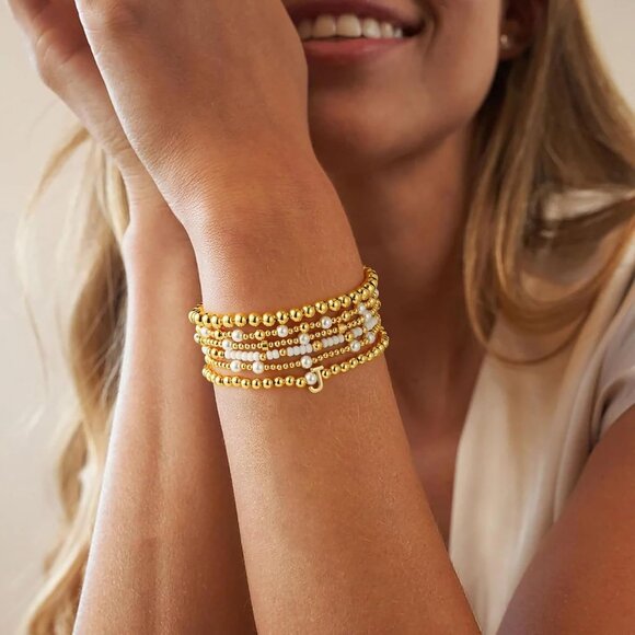 Beaded Initial Bracelets Set for Women Girls Gold Plated Stackable Jewelry - Picture 3 of 9